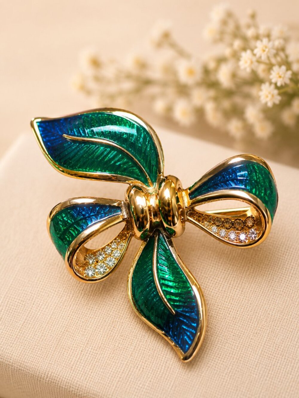 Vintage Green & Blue Guilloché Enamel Bow Brooch Gold Tone Rhinestone Pin